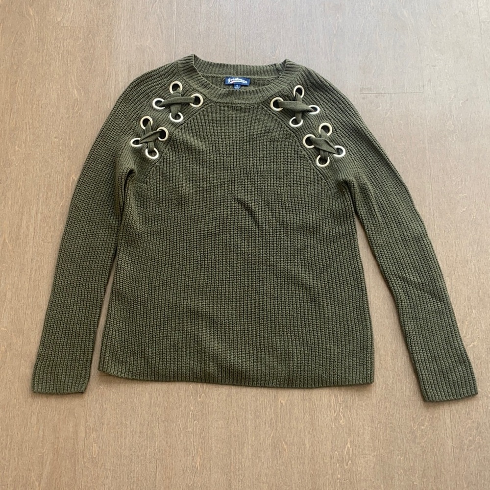 Army Green Sweater with Unique Shoulder Detail